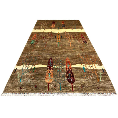 Rug with a brown background and multicolored tree ornaments, beige bands, fringed edge