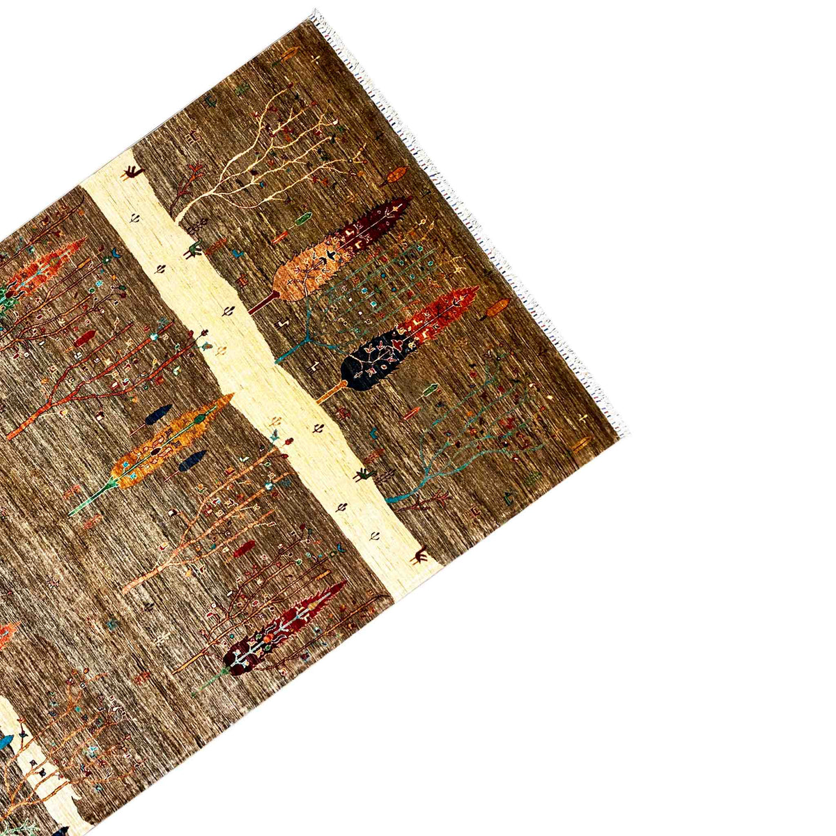 Rug narrow corner: brown-beige base with multicolored tree and medallion motifs