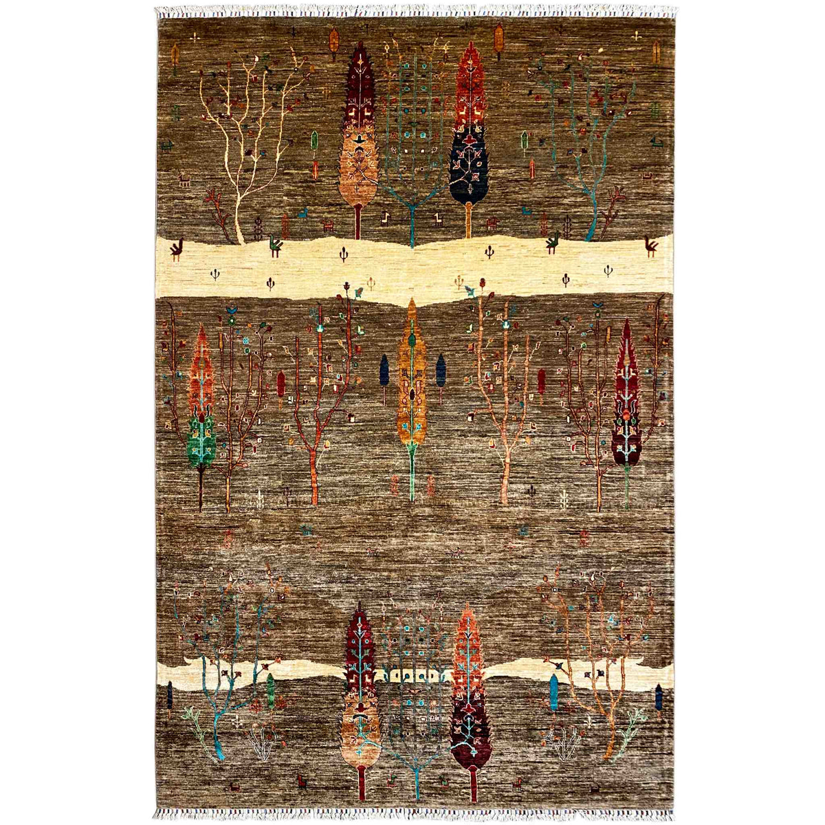Ziegler rug with a multicolored tree and ornament pattern, brown and beige, with fringes