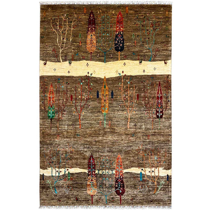 Ziegler rug with a multicolored tree and ornament pattern, brown and beige, with fringes