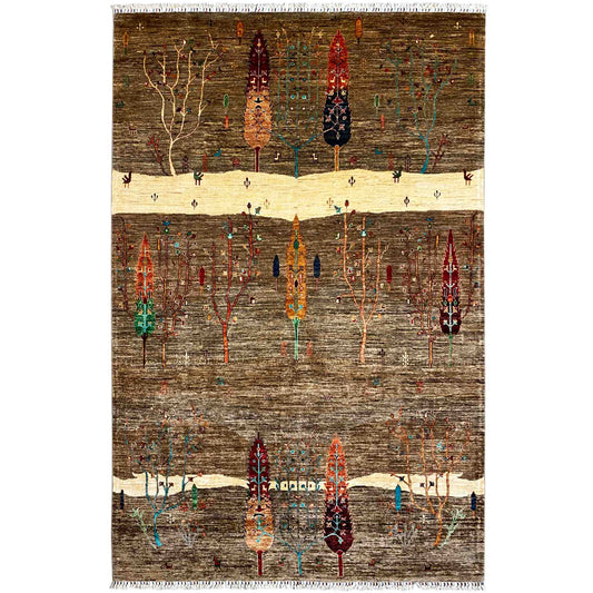 Ziegler rug with a multicolored tree and ornament pattern, brown and beige, with fringes