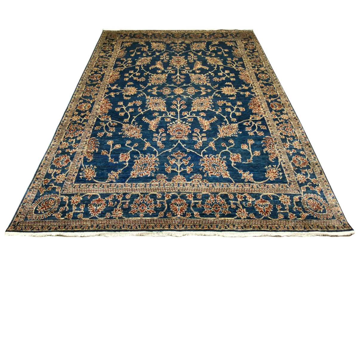 Blue carpet with Baroque ornamentation, golden vines, and a wide border