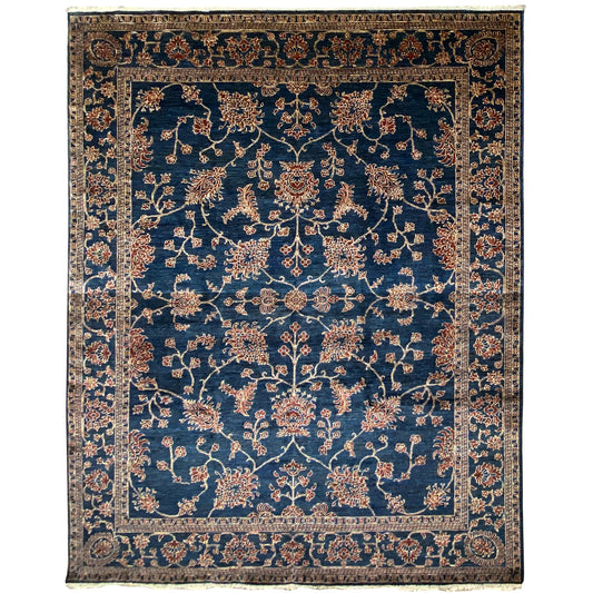 Blue Ziegler rug with gold-colored vines, a wide decorative border, and an oriental pattern