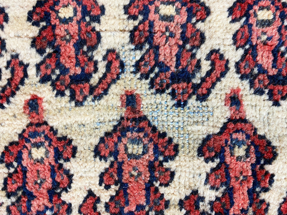 Close-up of the ornamental panels: cream background with red and blue decorative shapes
