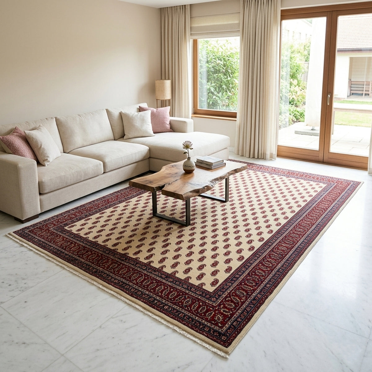 Wool rug with a rectangular red and beige pattern and vintage-style border