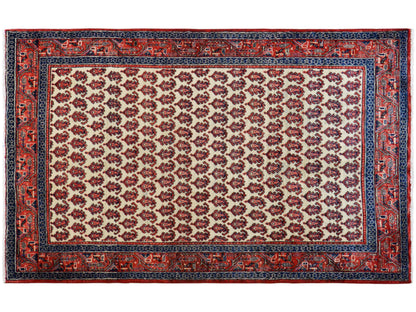 Rectangular rug: cream-colored field with a red border and dark blue edging