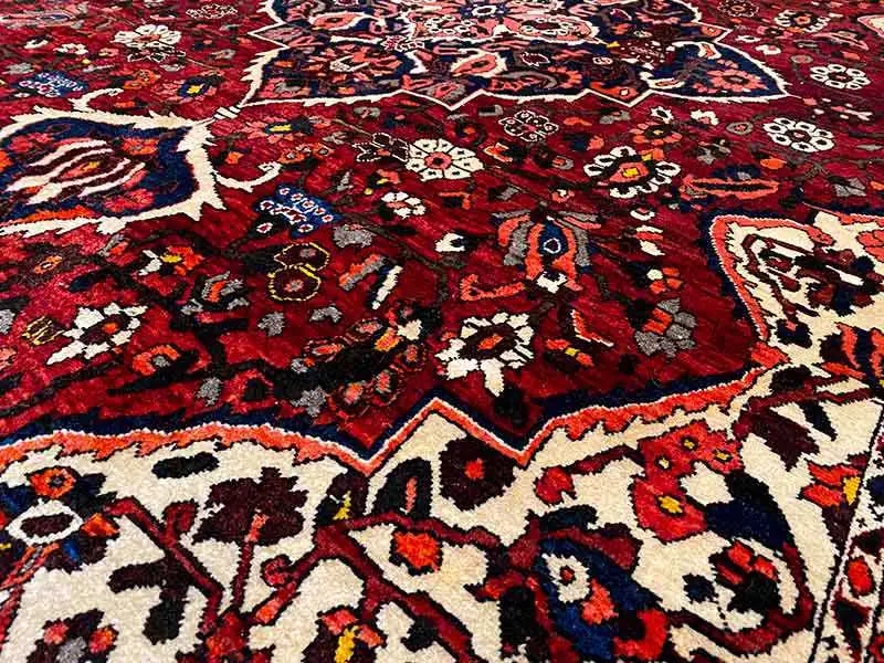 Bakhtiari rug (306x207 cm) Detail: dense red-blue-cream motifs, visible texture