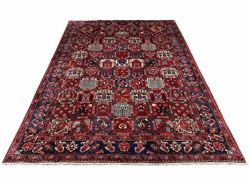 Bakhtiari carpet (319x219 cm) overall view: bold patterned fields and borders in red and blue