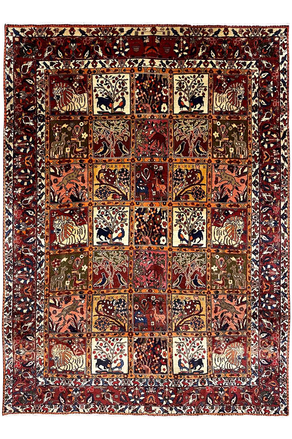 Square Oriental rug 280x213 cm with a red tile pattern and border