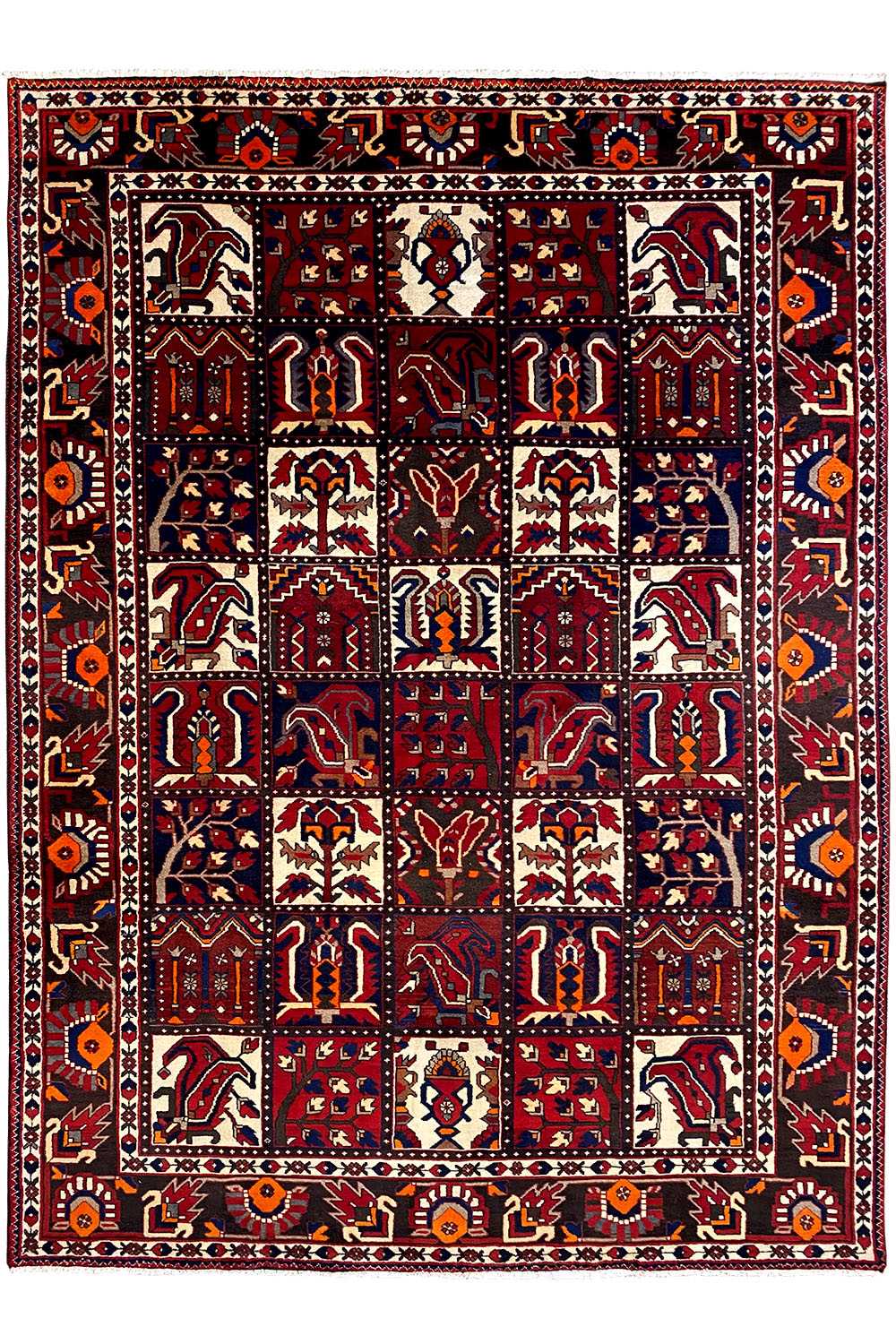 Bakhtiari rug, front view: dense geometric ornamental pattern in burgundy and cream