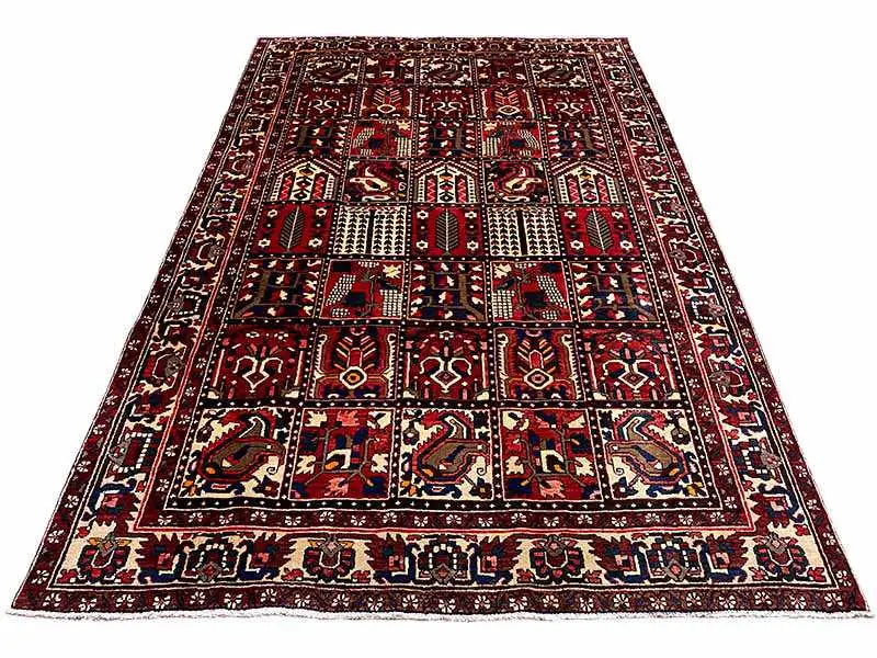 Rectangular Bakhtiari oriental rug: red field with clear frames and border design