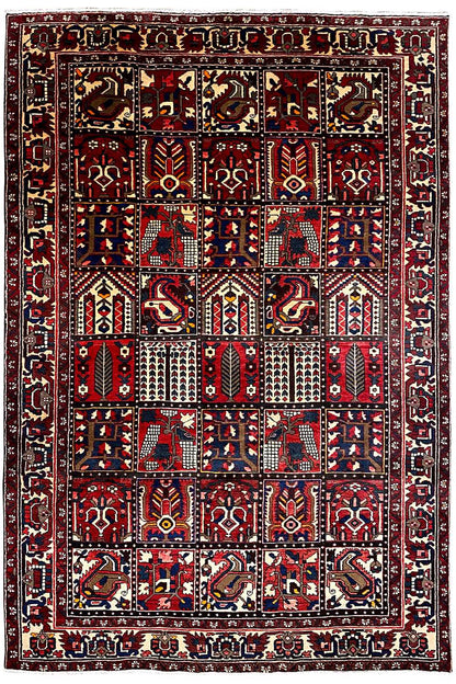 Bakhtiari oriental rug front view: red pattern with nested ornaments and border