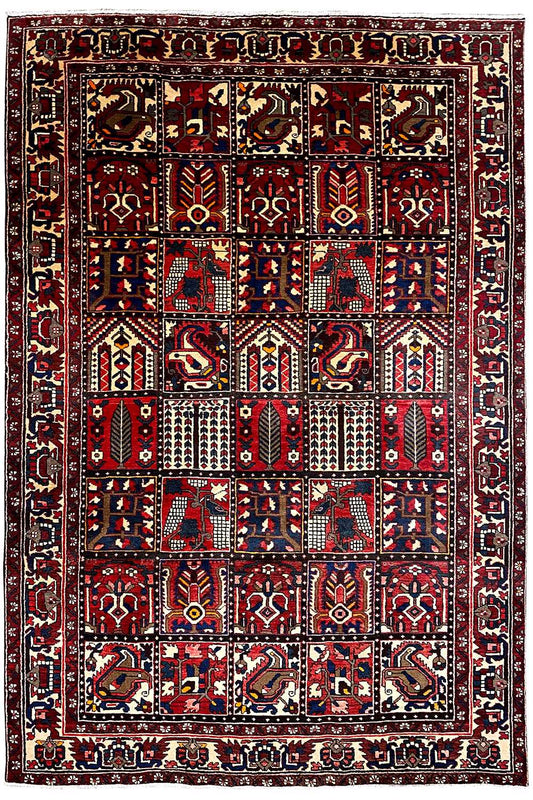 Bakhtiari oriental rug front view: red pattern with nested ornaments and border
