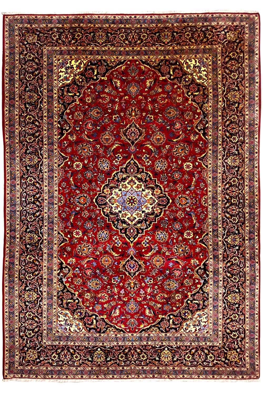 Keshan rug front view: red ornamental pattern with a closed frame border
