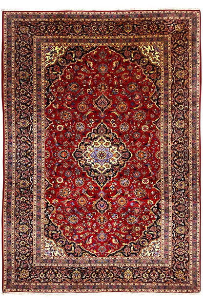 Keshan rug front view: red ornamental pattern with a closed frame border