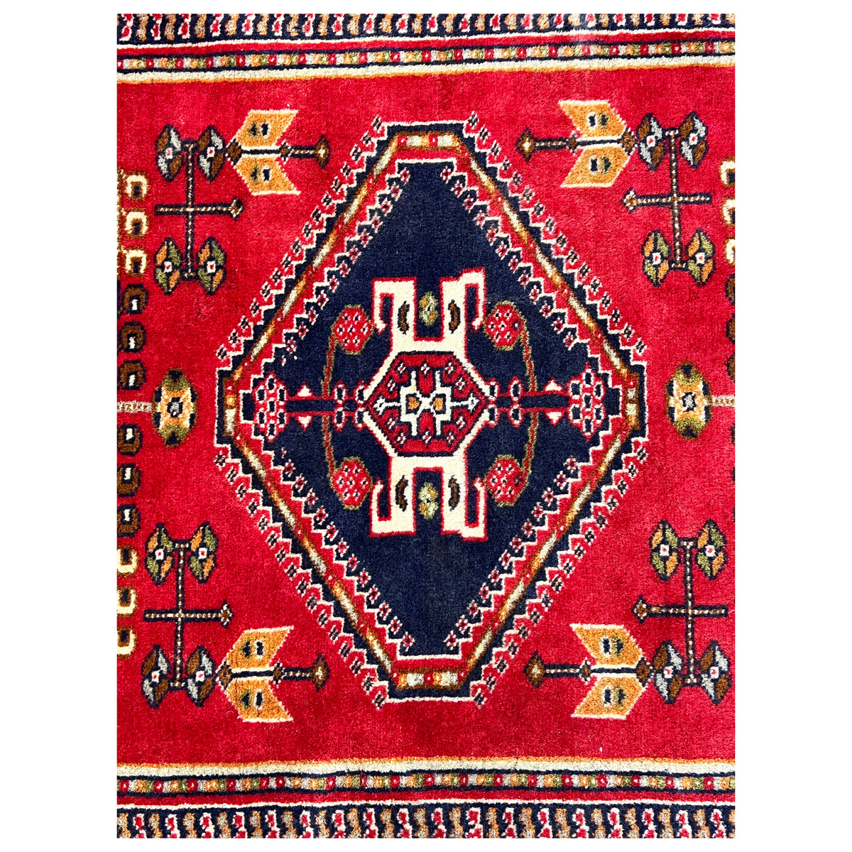 Baluch rug detail view: dark blue field in the red pattern with small motifs