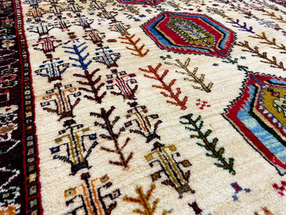 Baluch rug close-up with rows of trees, fine lines and colorful diamonds