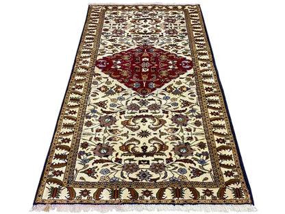 Vintage-look Baluchi rug, cream and red with a gold-colored decorative border