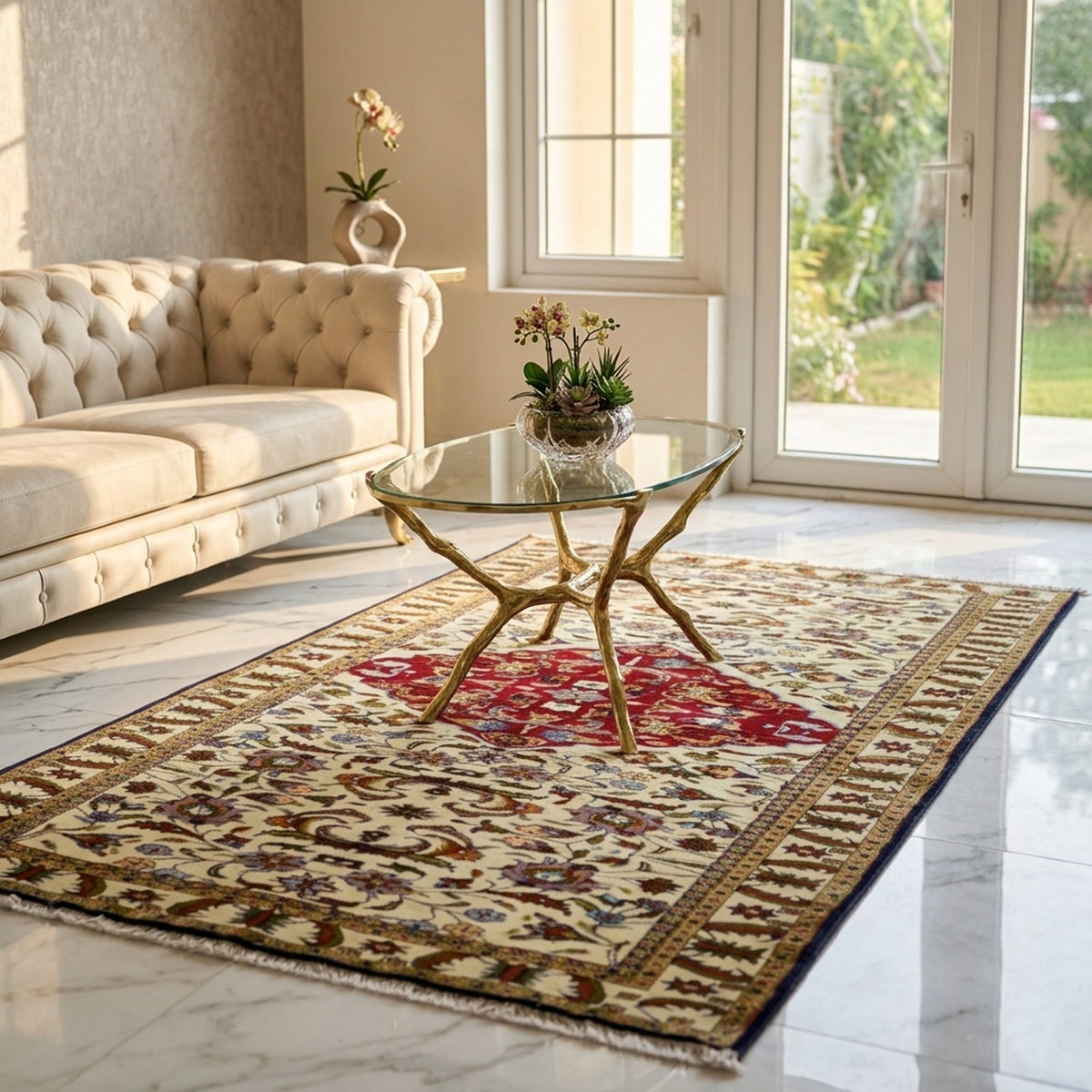 Baluchi rug with a red center and a wide ornamental border on a light background