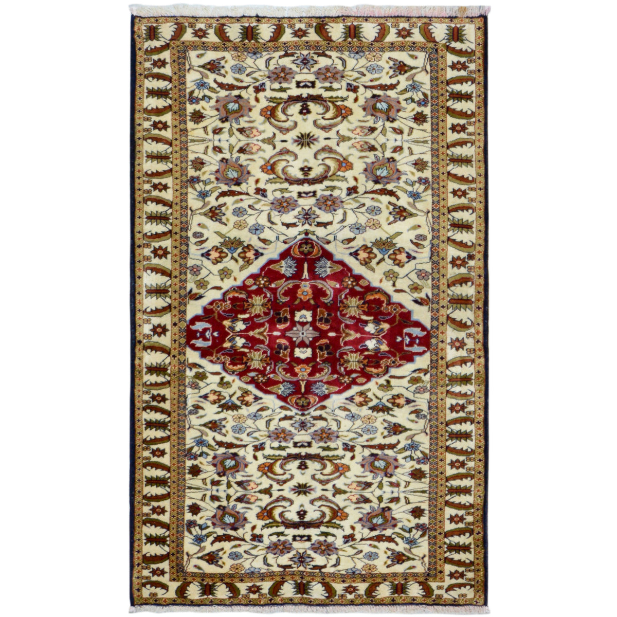 Baluchi rug in an oriental pattern, cream-colored with a red central medallion