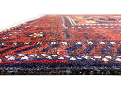 Baluchi rug border detail, red-and-blue ornamental field and dark fringe along the edge.