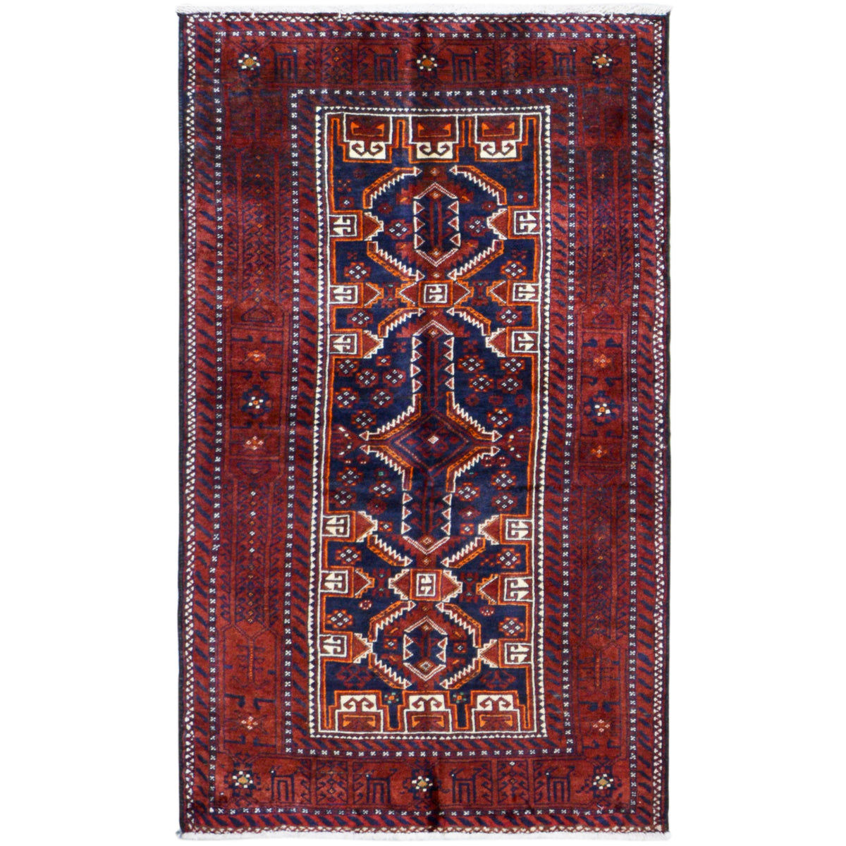 Rectangular Baluchi rug, red with a blue geometric pattern and a surrounding border.