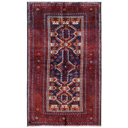 Rectangular Baluchi rug, red with a blue geometric pattern and a surrounding border.