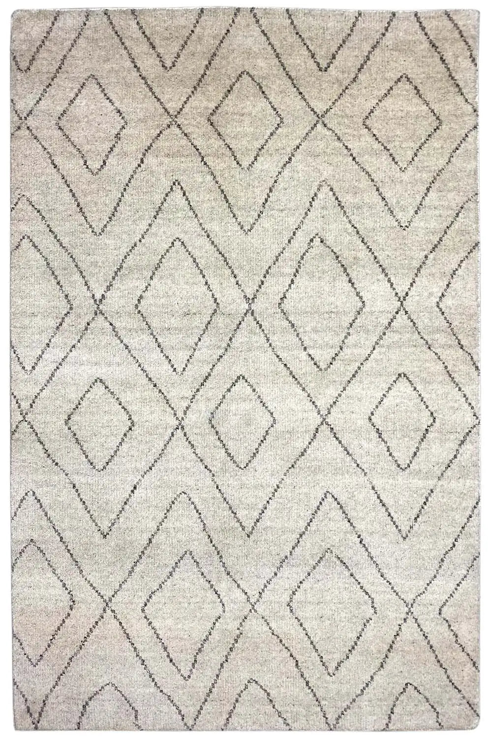 Berber rug with diamond and zigzag patterns, light beige surface, gray border