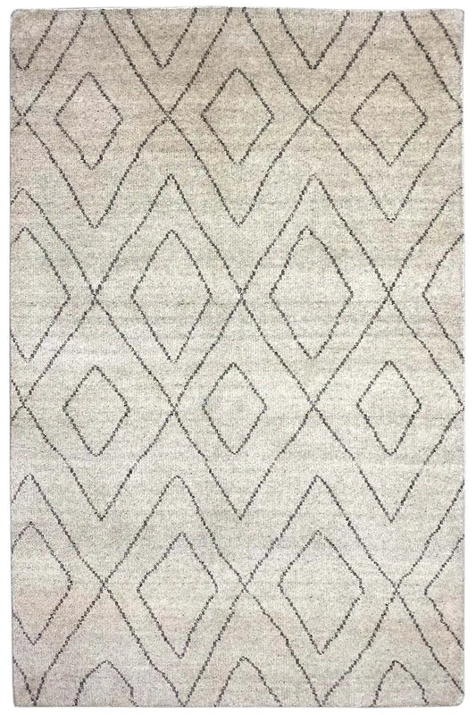 Berber rug with diamond and zigzag patterns, light beige surface, gray border