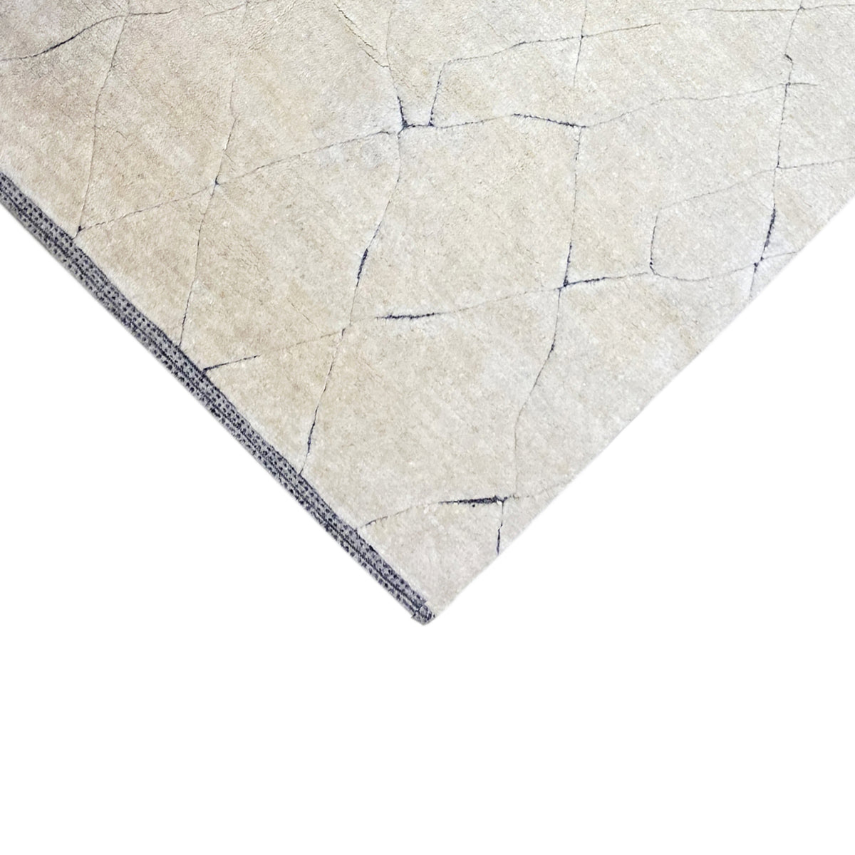 Corner view of the cream-colored rug with a blue border and geometric lines