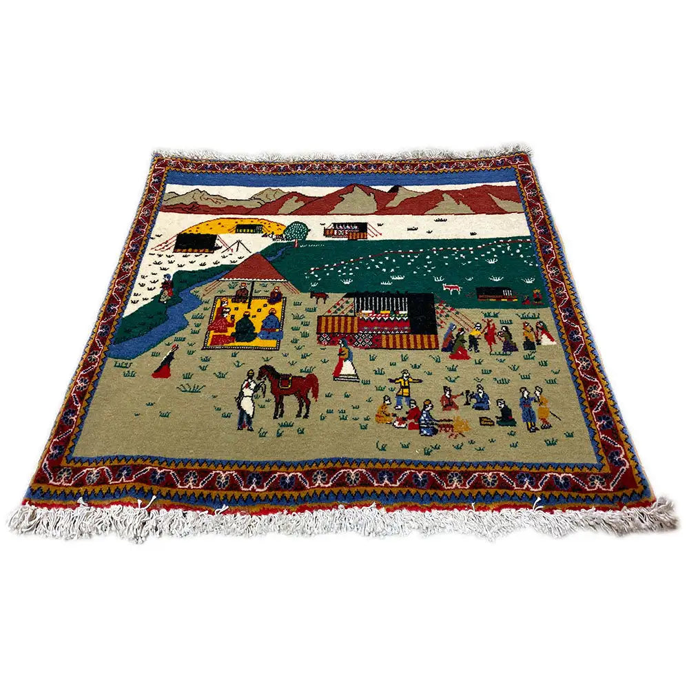 Tapestry 56x47 cm with desert landscape, figures and animals, border with decorative trim