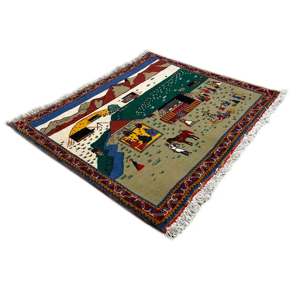 Tapestry 56x47 cm rectangular, colorful landscape and figure motif, fringes