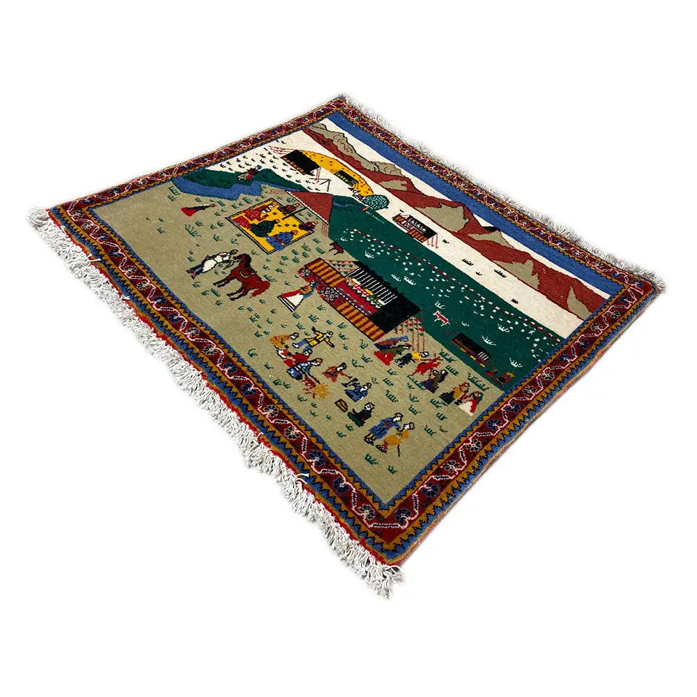 Tapestry 56x47 cm square with a colorful scene pattern and fringes