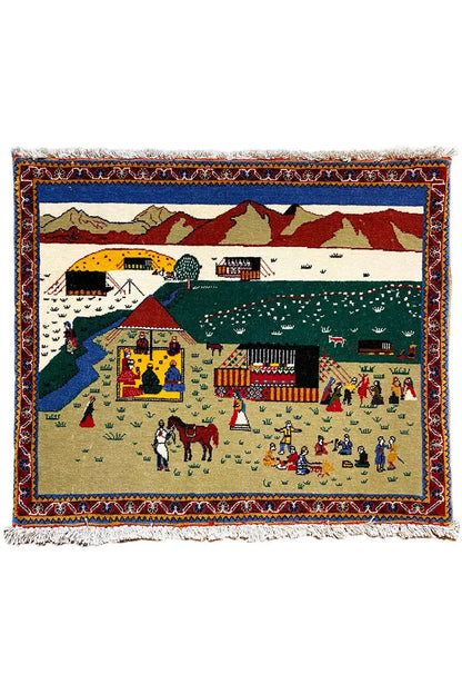 Picture tapestry 56x47 cm, rectangular, with a detailed village/desert motif and a surrounding border