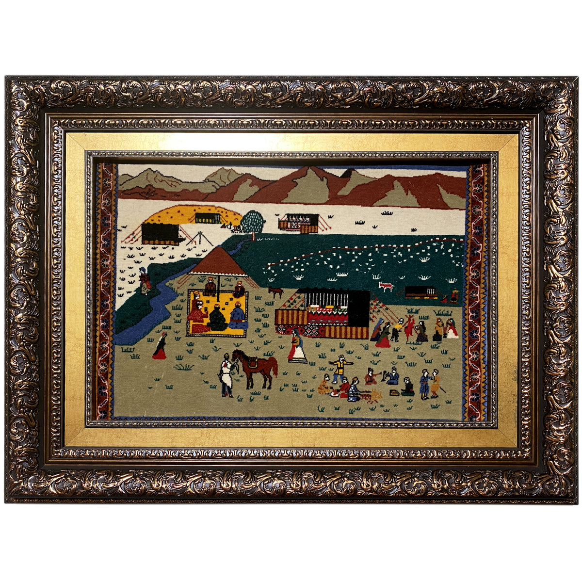 Tapestry 56x47 cm in a decorative wooden frame, colorful desert and figures motif