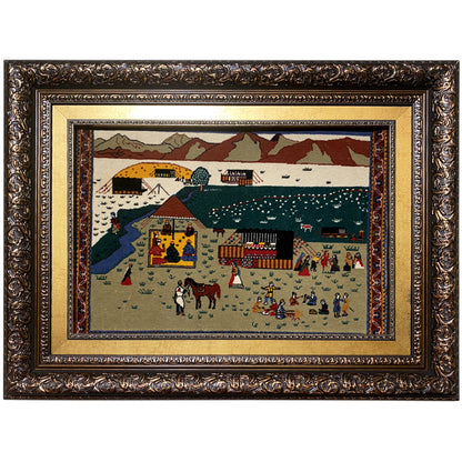 Tapestry 56x47 cm in a decorative wooden frame, colorful desert and figures motif