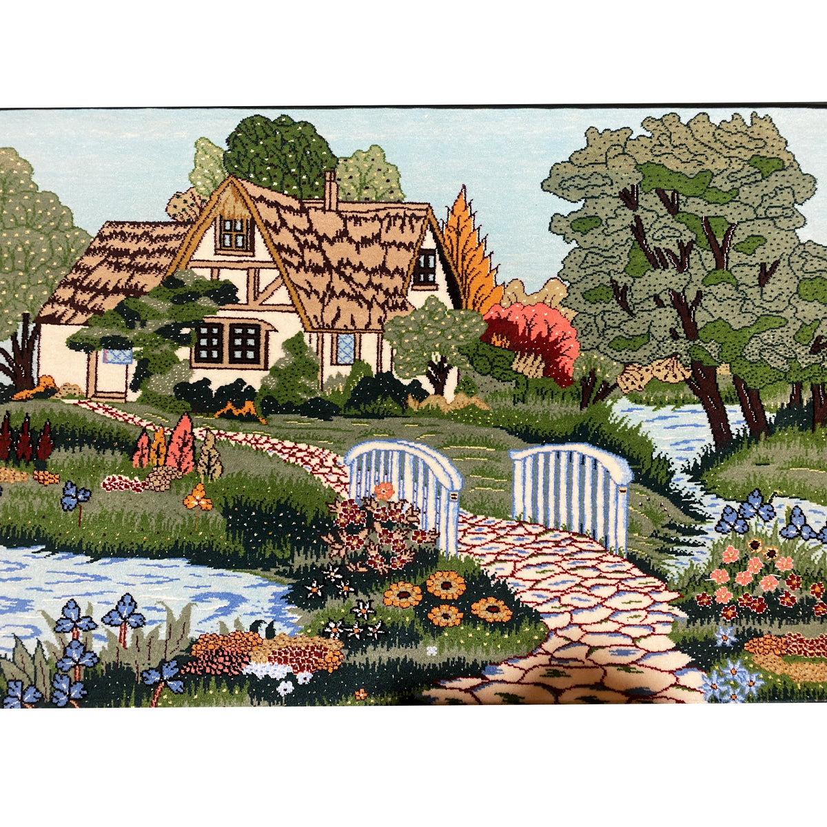 Tapestry with a landscape motif: house, flower beds, and small stream, 85x54 cm