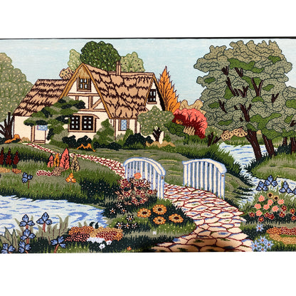 Tapestry with a landscape motif: house, flower beds, and small stream, 85x54 cm