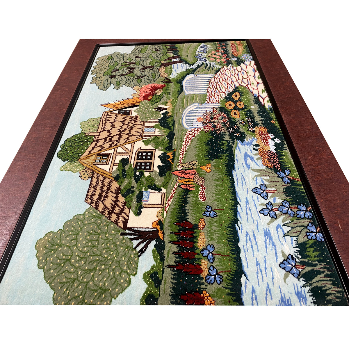 Tapestry 85x54 cm with landscape: house, flowers, stream and footbridge