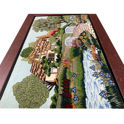 Tapestry 85x54 cm with landscape: house, flowers, stream and footbridge
