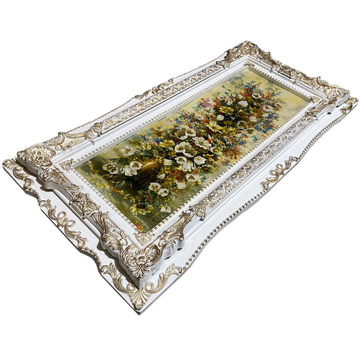 Floral tapestry in a curved gold-silver frame, side view.