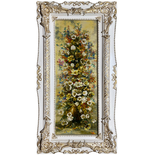 Tapestry with a floral design in an ornate gold-and-silver frame, 98x37 cm.