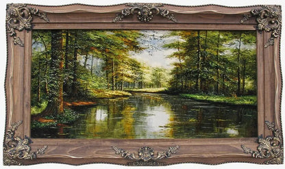 Tapestry in a decorative frame, forest lake motif, multicolored, with an ornamental frame