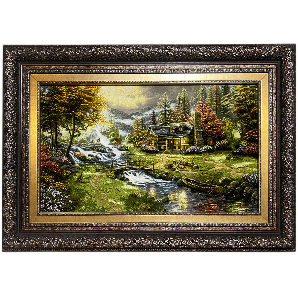 Framed landscape painting with a waterway and house, gold-colored ornamental frame design