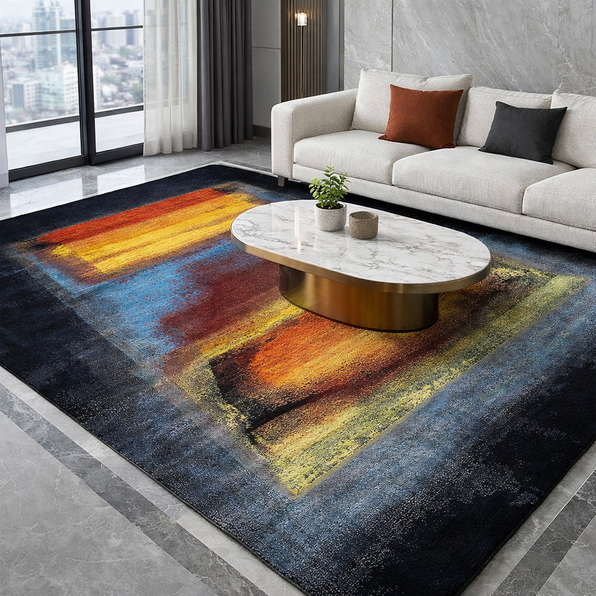 Abstract designer rug with colorful stripes and square areas in blue, orange, and green