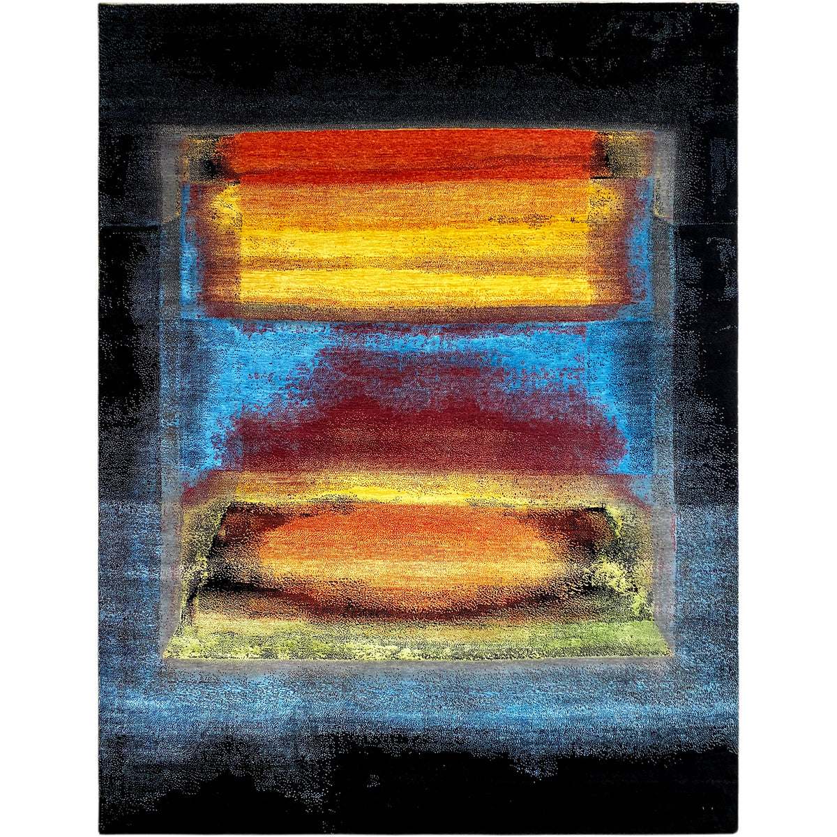 Designer rug with an abstract rectangular pattern in blue, orange, and yellow, dark border