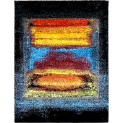Designer rug with an abstract rectangular pattern in blue, orange, and yellow, dark border