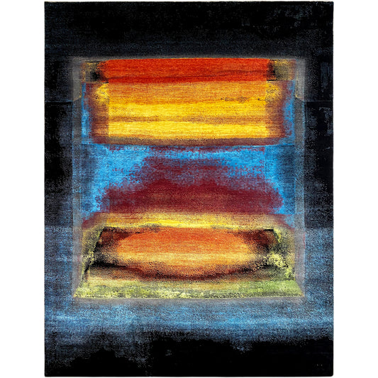 Designer rug with an abstract rectangular pattern in blue, orange, and yellow, dark border