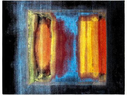 Designer rug with two luminous vertical areas, framed by blue and a dark border
