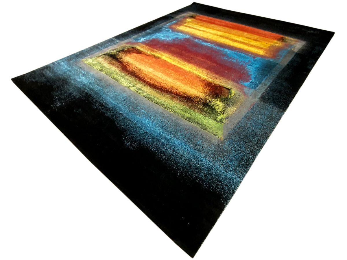 Carpet at an oblique angle with a rectangular pattern, blue background, and warm orange-yellow tones
